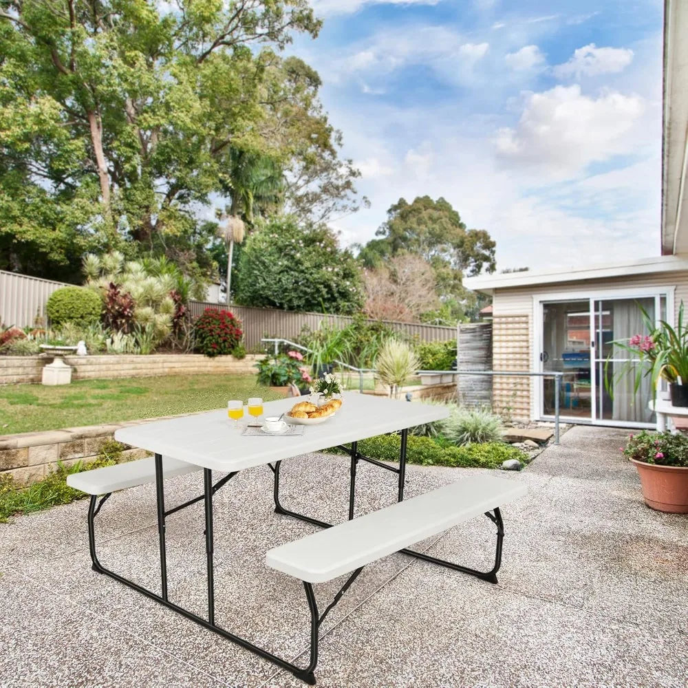Folding Picnic Table, Plastic Picnic Table with 2 Benches, Outdoor Foldable Table and Bench with Steel Frame & Wood-Lik