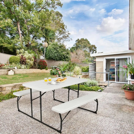 Folding Picnic Table, Plastic Picnic Table with 2 Benches, Outdoor Foldable Table and Bench with Steel Frame & Wood-Lik