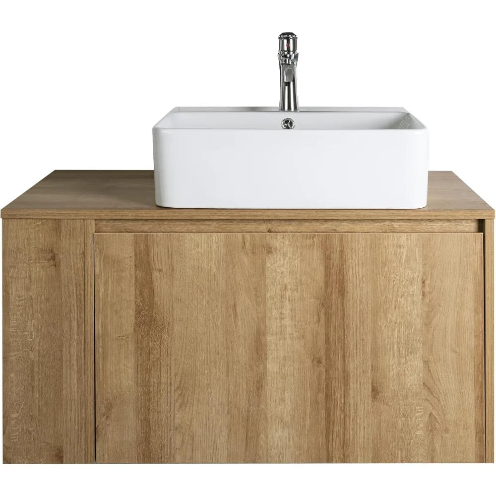 36-inch Wall-Mounted Natural Tone Bathroom Vanity with Concealed Drawer and Sink