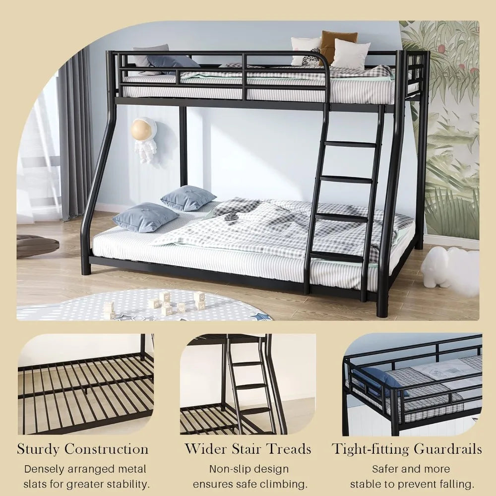 Metal Bunk Bed, Full Size Bed Frame, Twin Over Full Bunk Bed W/ Safety Guardrail and Ladder