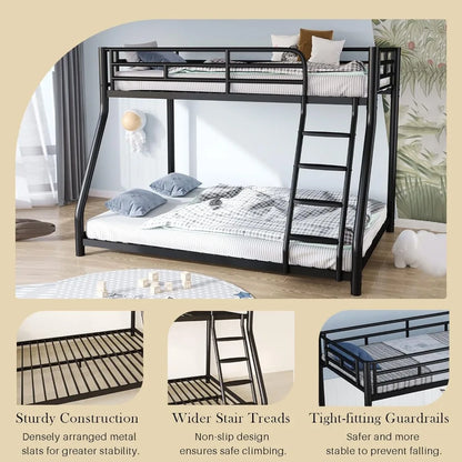 Metal Bunk Bed, Full Size Bed Frame, Twin Over Full Bunk Bed W/ Safety Guardrail and Ladder