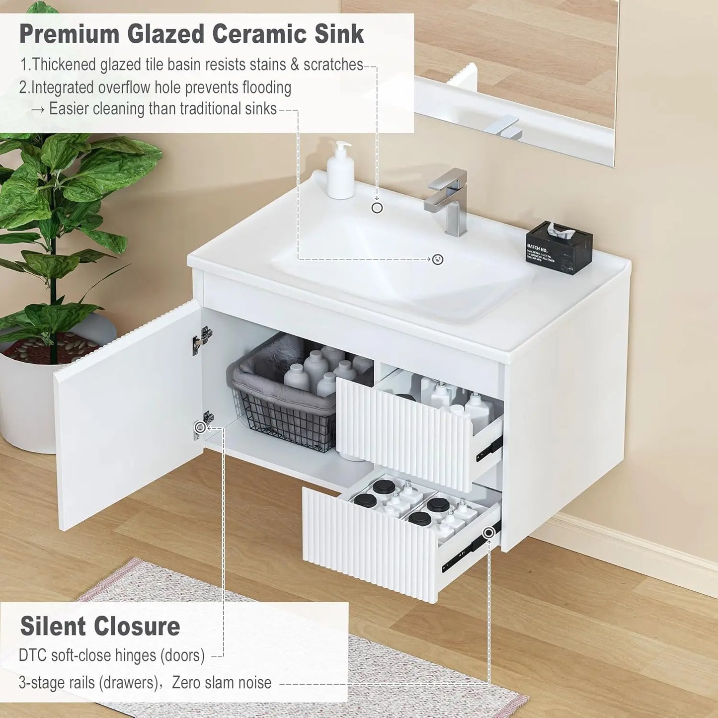 32" Wall Mounted Bathroom Vanity with Sink, Soft-Close Drawers