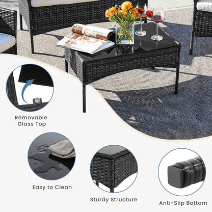 JHK 4 Piece Outdoor Patio Furniture Set with Soft Cushion and Glass Table
