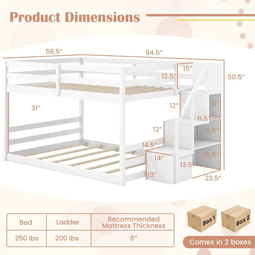Solid wood full over full bunk bed W / staircase, storage and full-length guardrails, low loft bed