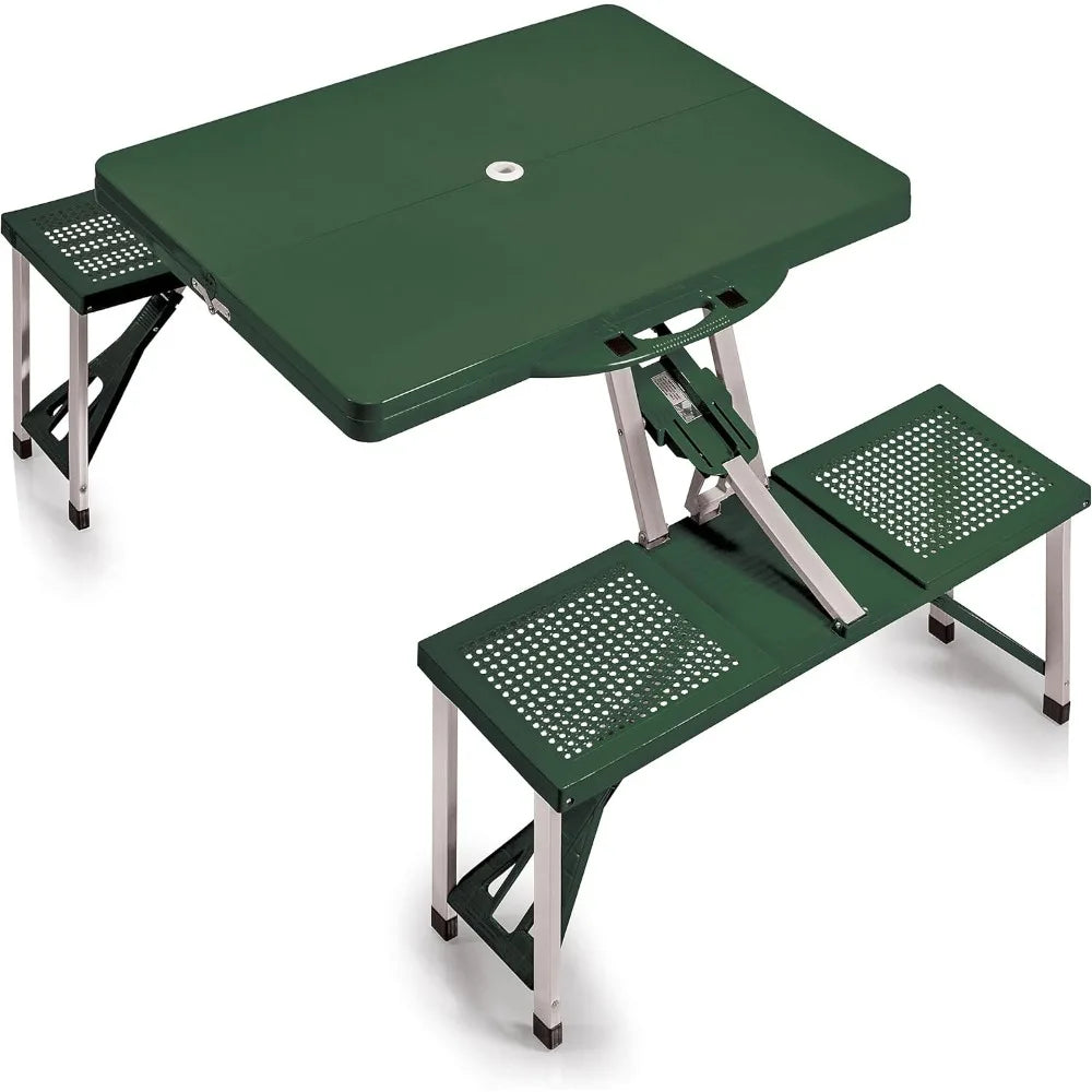 Portable Folding Picnic Table with Seats for 4, Collapsible Aluminum Table with Benches & Umbrella Hole, Lightweight