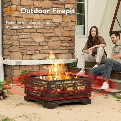 Outdoor Fire Pit, 32 Inch Wood Burning Firepit for Outside with Mesh Cover