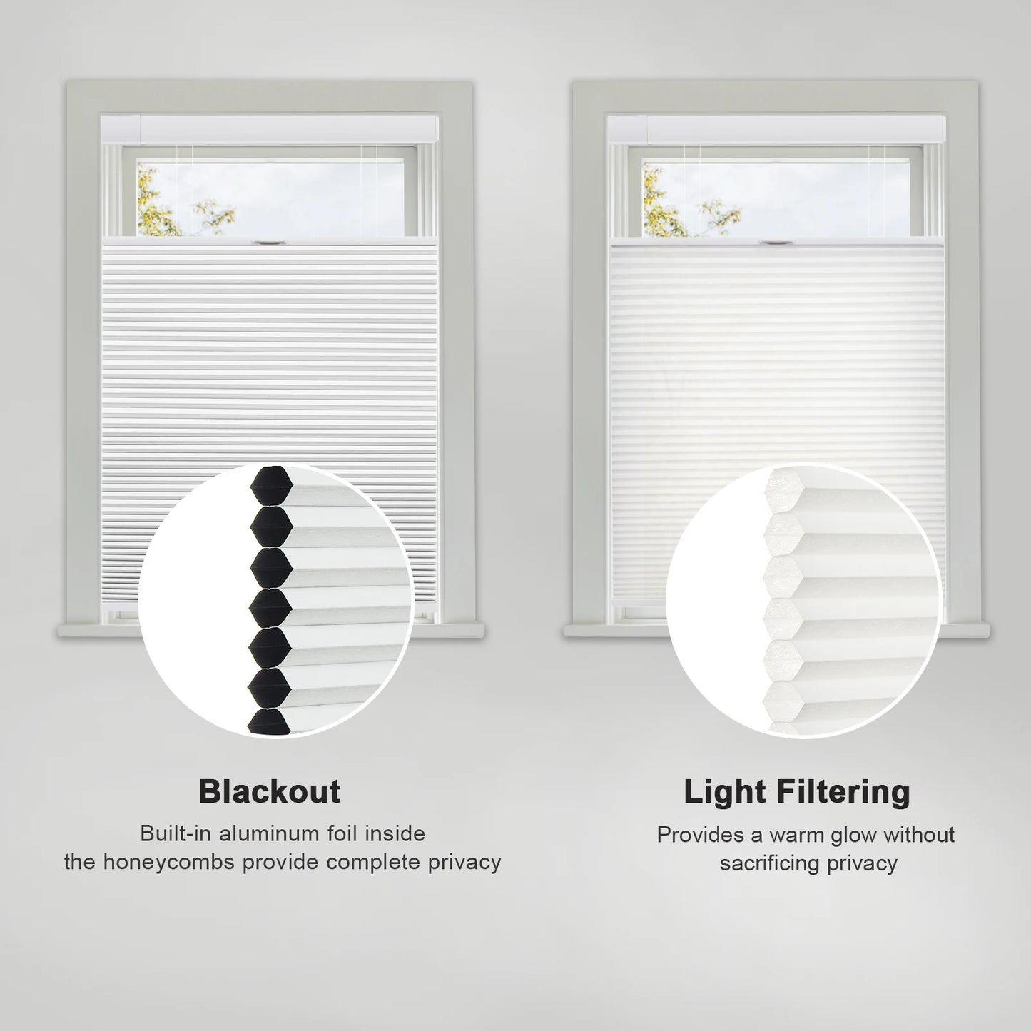 No Tools No Drill Top-Down Bottom Up Honeycomb Blinds for Windows, 1" Cell Fabric Cordless