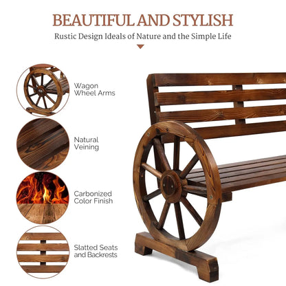 41" Rustic Wooden Outdoor Bench 2-Person Wagon Wheel Slatted Seat