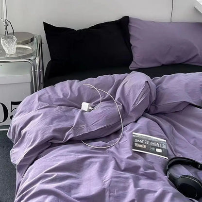Bedding Set Ambiance Blue Coffee Grid Mixed W / Washed Cotton Fitted Sheets Duvet Cover