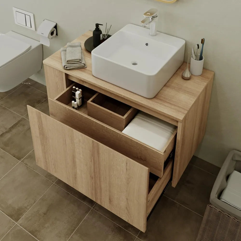 36-inch Wall-Mounted Natural Tone Bathroom Vanity with Concealed Drawer and Sink