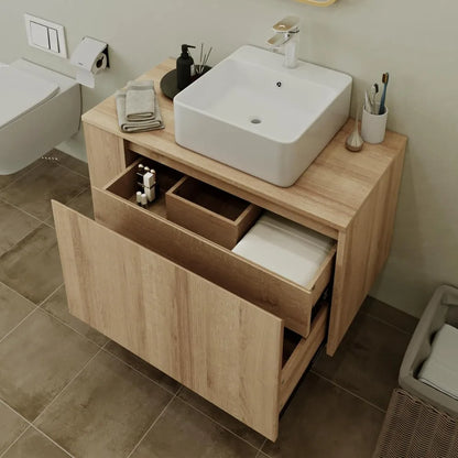 36-inch Wall-Mounted Natural Tone Bathroom Vanity with Concealed Drawer and Sink
