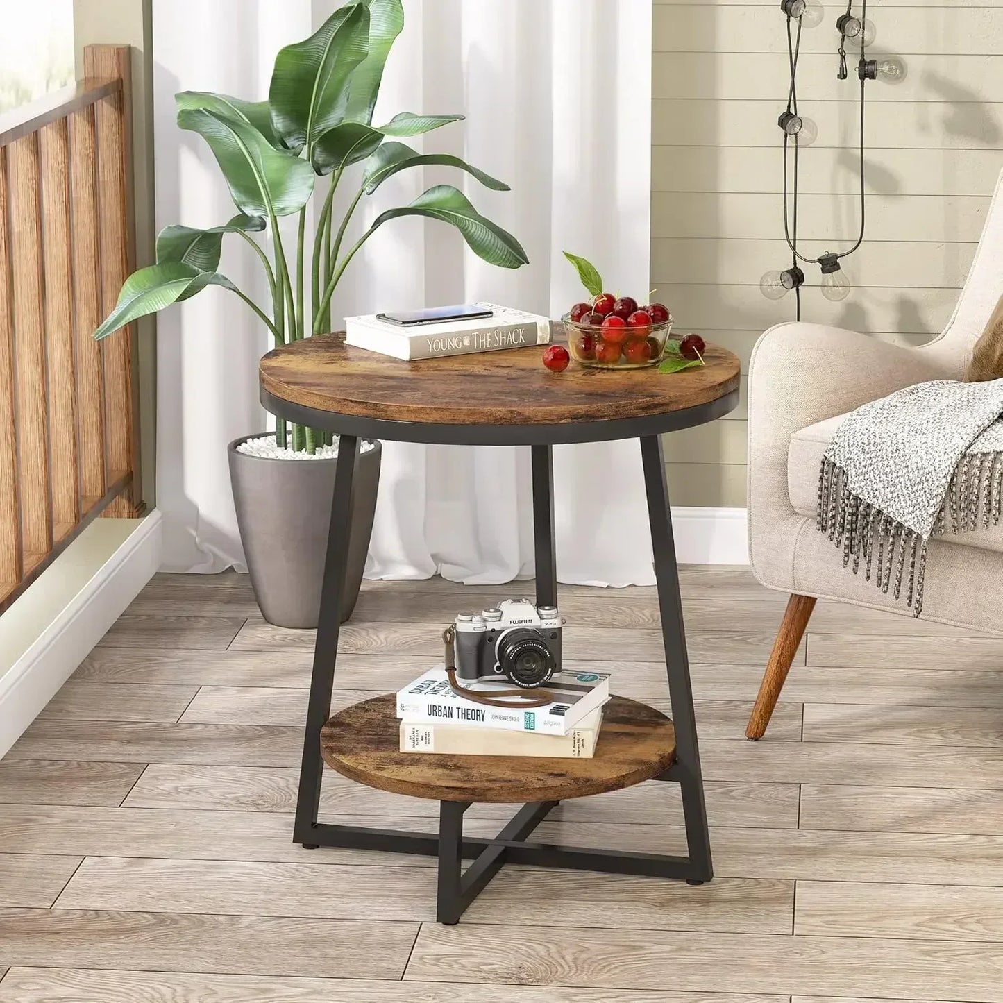Customizable End Table, 2 Tier Round Side Table with Storage Shelf