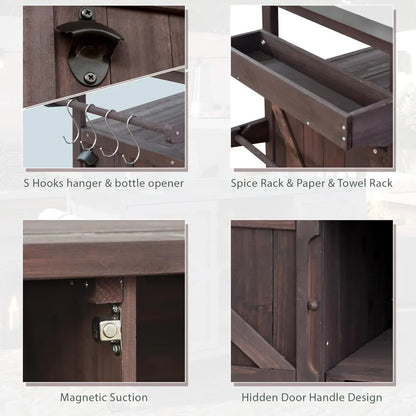 Outdoor Kitchen Island, Rolling Bar Cart & Storage Cabinet, Farmhouse Solid Wood Outdoor Grill Table with Stainless Steel Top,