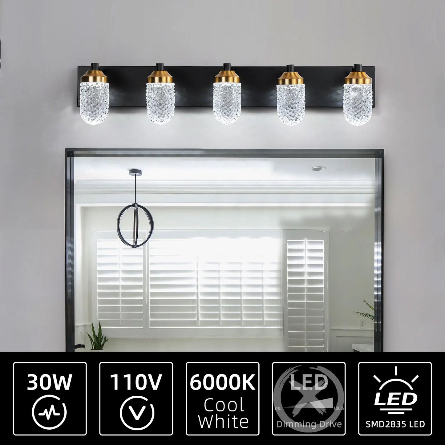 Minimally retro bathroom vanity table lamp, LED 5-bulb glass lampshade, wall mounted decorative light fixture (black)