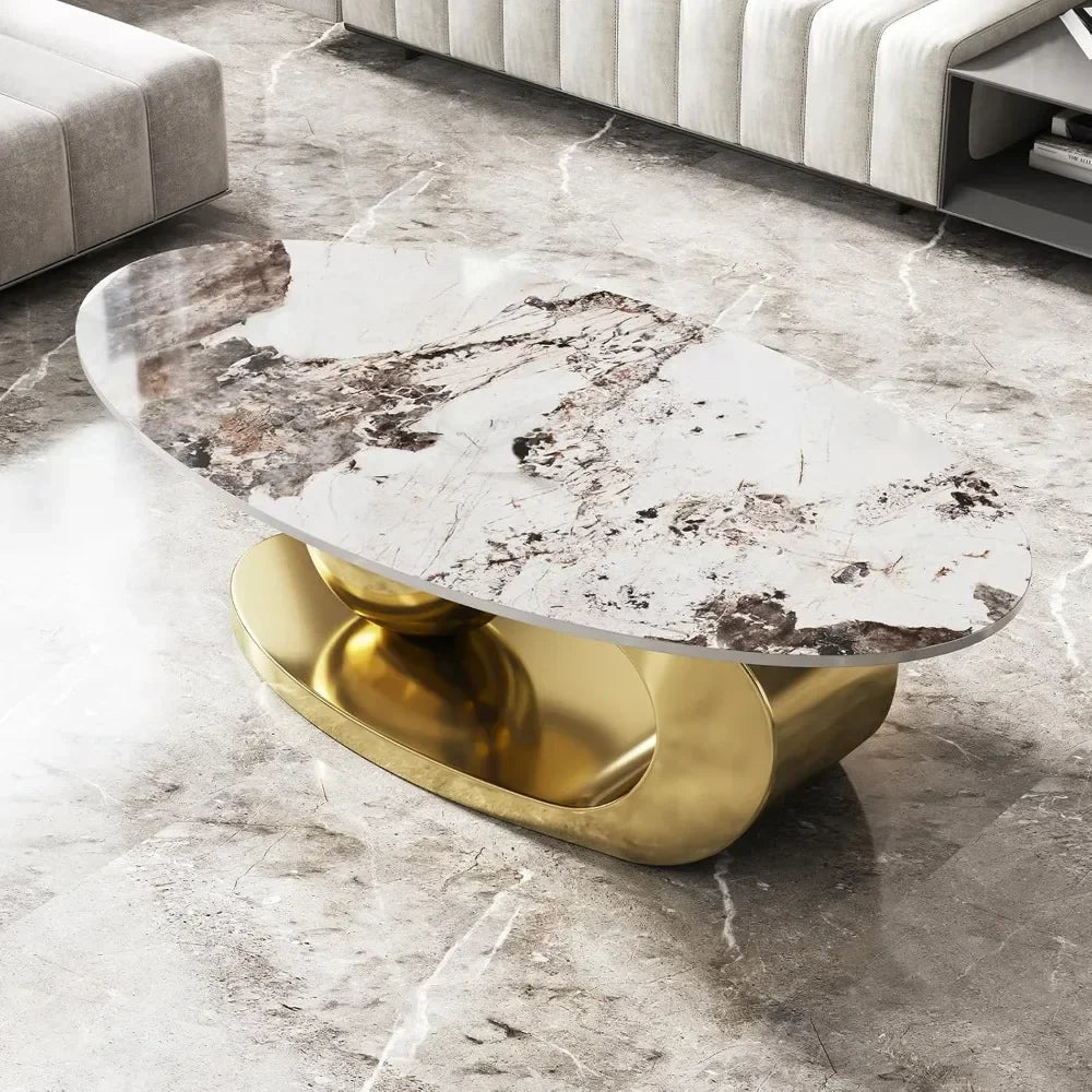 Modern Oval Stone Coffee Table with Abstract Gold Metal Base