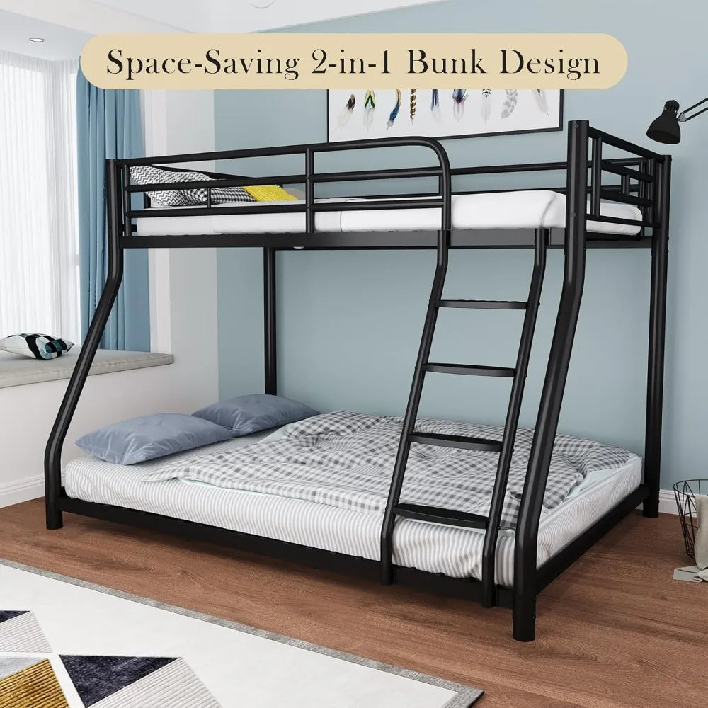 Metal Bunk Bed, Full Size Bed Frame, Twin Over Full Bunk Bed W/ Safety Guardrail and Ladder