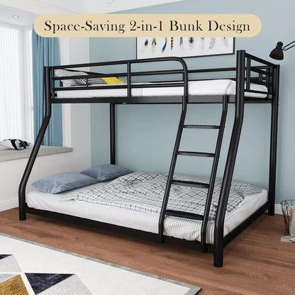 Metal Bunk Bed, Full Size Bed Frame, Twin Over Full Bunk Bed W/ Safety Guardrail and Ladder