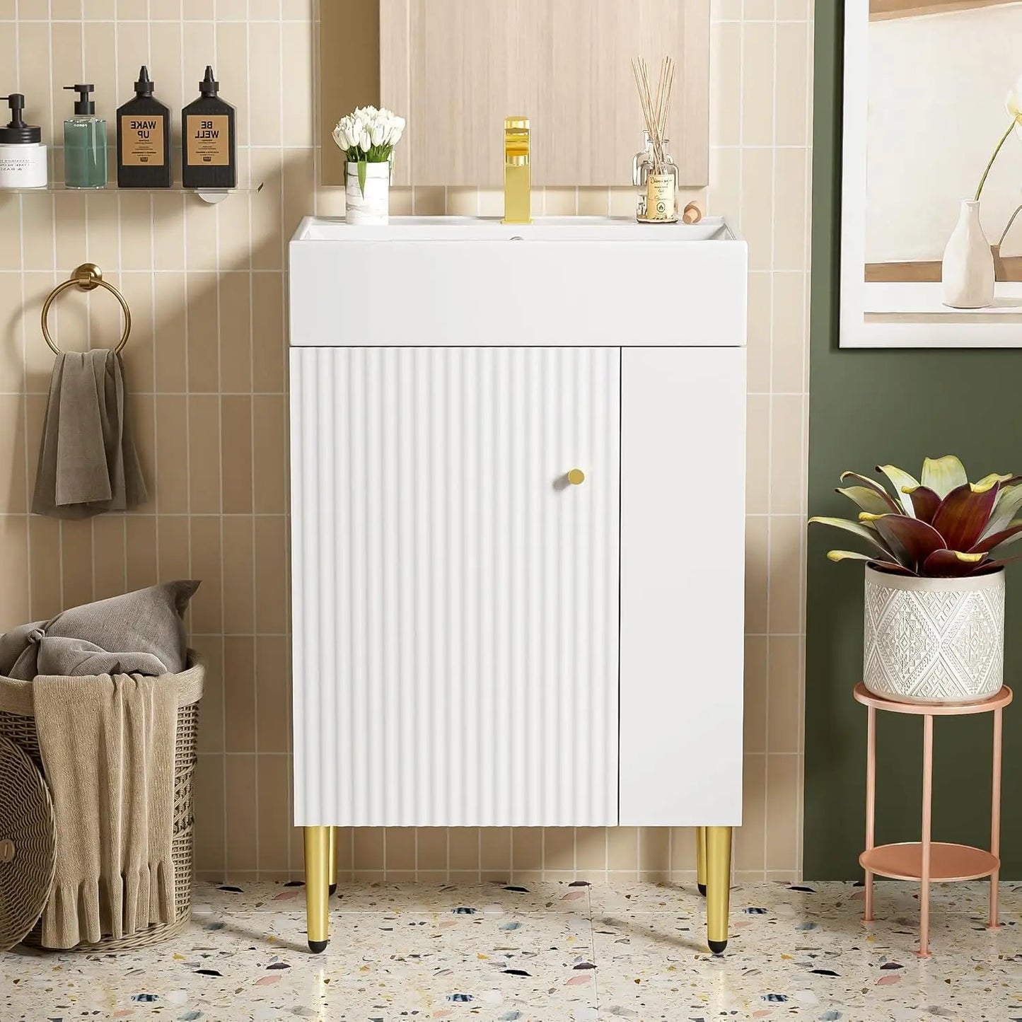 21.6" Bathroom Vanity with Single Sink, Standing Cabinet W /  Side Storage