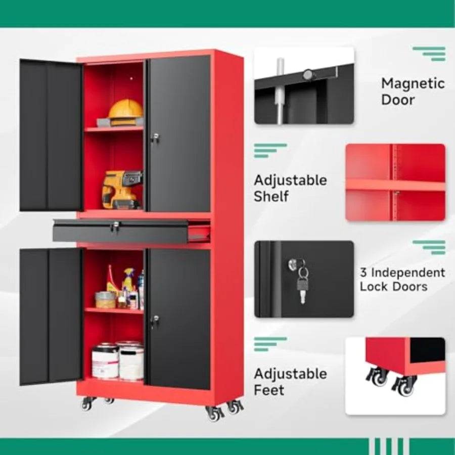 Red Metal Garage Storage Cabinet with Wheels