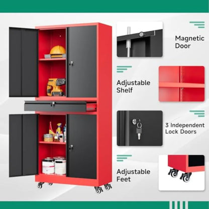 Red Metal Garage Storage Cabinet with Wheels