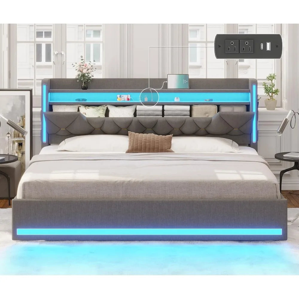 Headboard and Storage, Metal King Bed W / LED Lights & Charging Station, Upholstered Platf