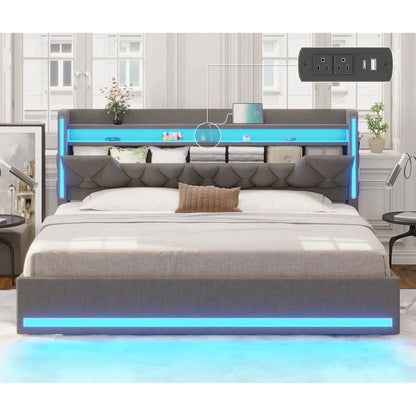 Headboard and Storage, Metal King Bed W / LED Lights & Charging Station, Upholstered Platf