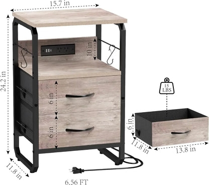 Drawers, Storage Nightstand with Charging Station