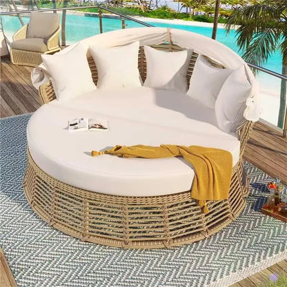 Outdoor Patio Rattan Round Daybed with Retractable Canopy Wicker Furniture