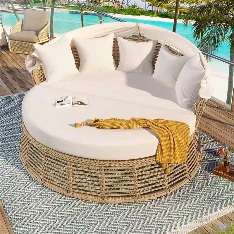 Outdoor Patio Rattan Round Daybed with Retractable Canopy Wicker Furniture