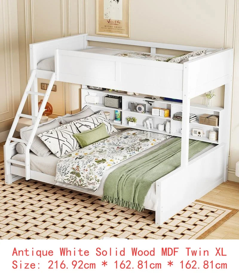 Queen Over Queen Bunk Bed with Storage, USB Ports, Antique Finish