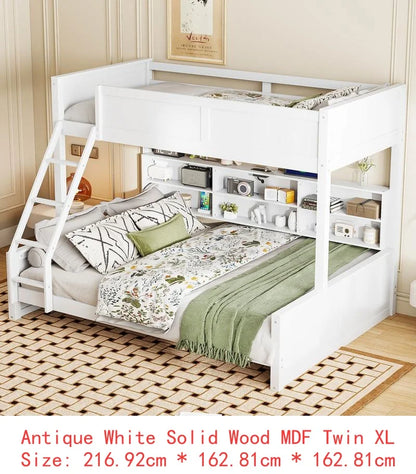 Queen Over Queen Bunk Bed with Storage, USB Ports, Antique Finish