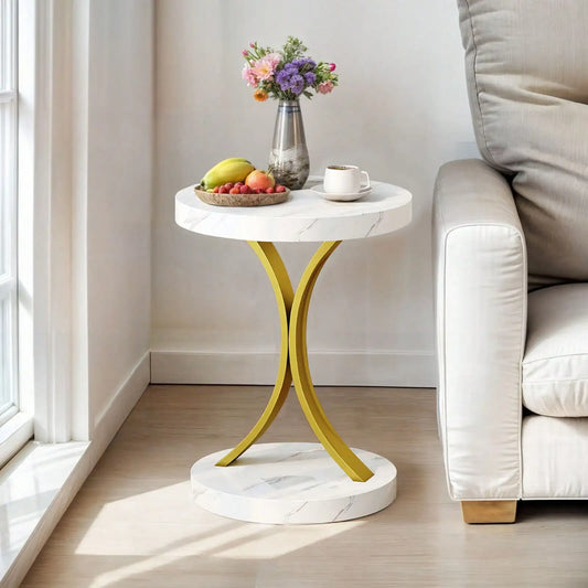 Round End Tables Side Table with Faux Marble Top