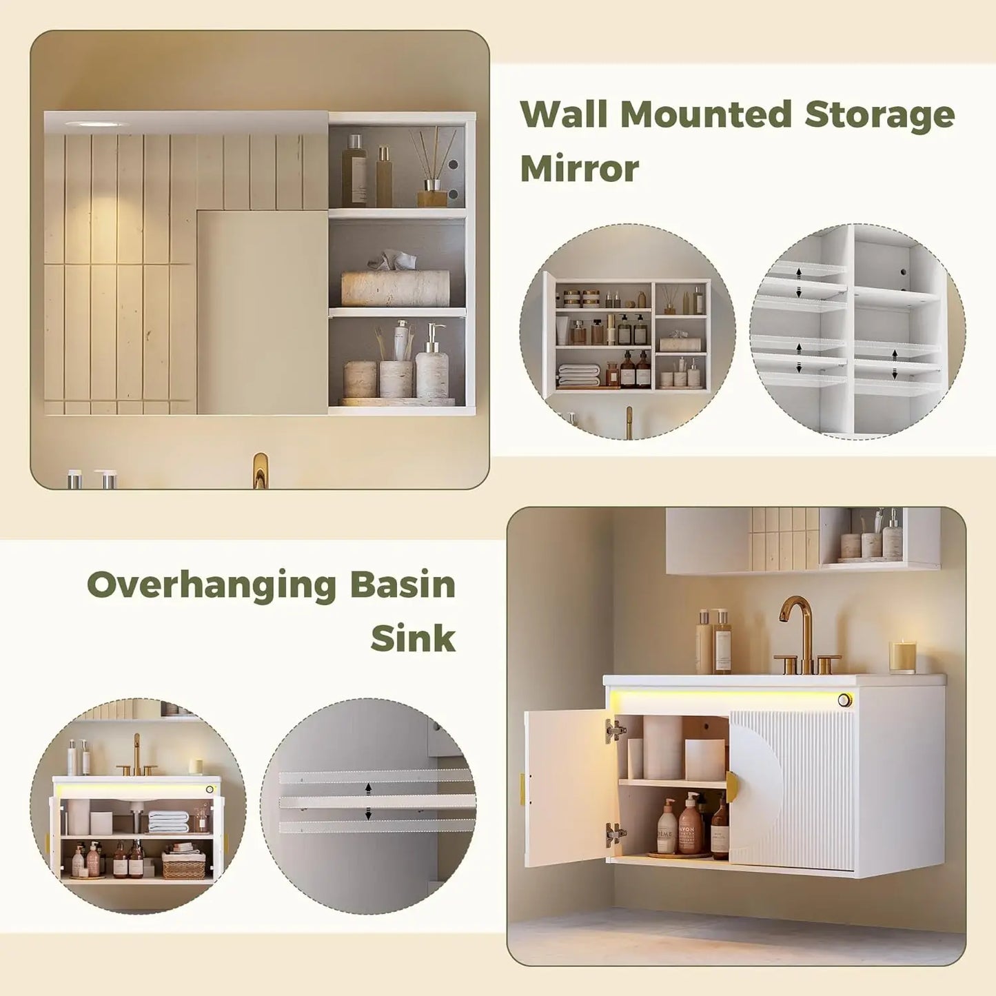 IRONCK Floating Bathroom Vanity with Sink, Mirror Medicine Cabinet