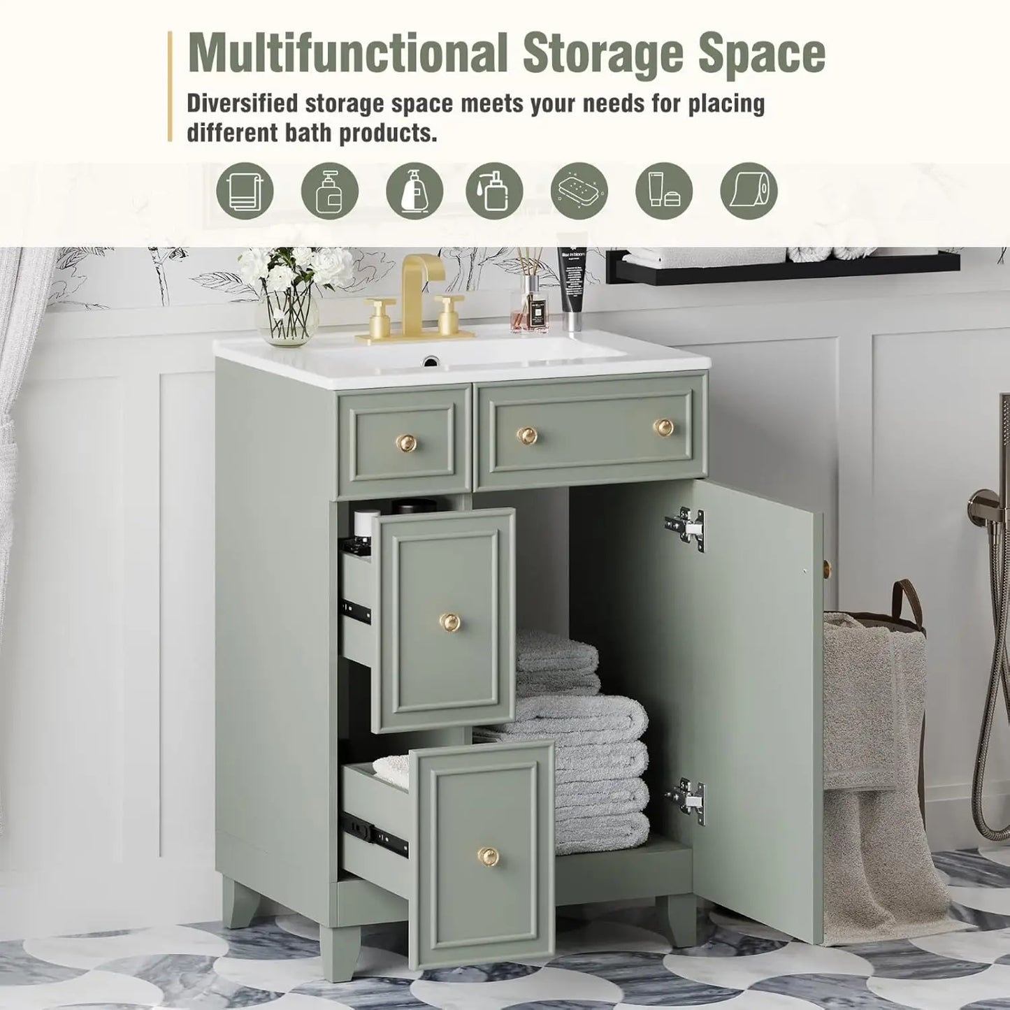 24" Bathroom Vanity Sink Cabinet 2 Drawers Soft-Close Door Storage