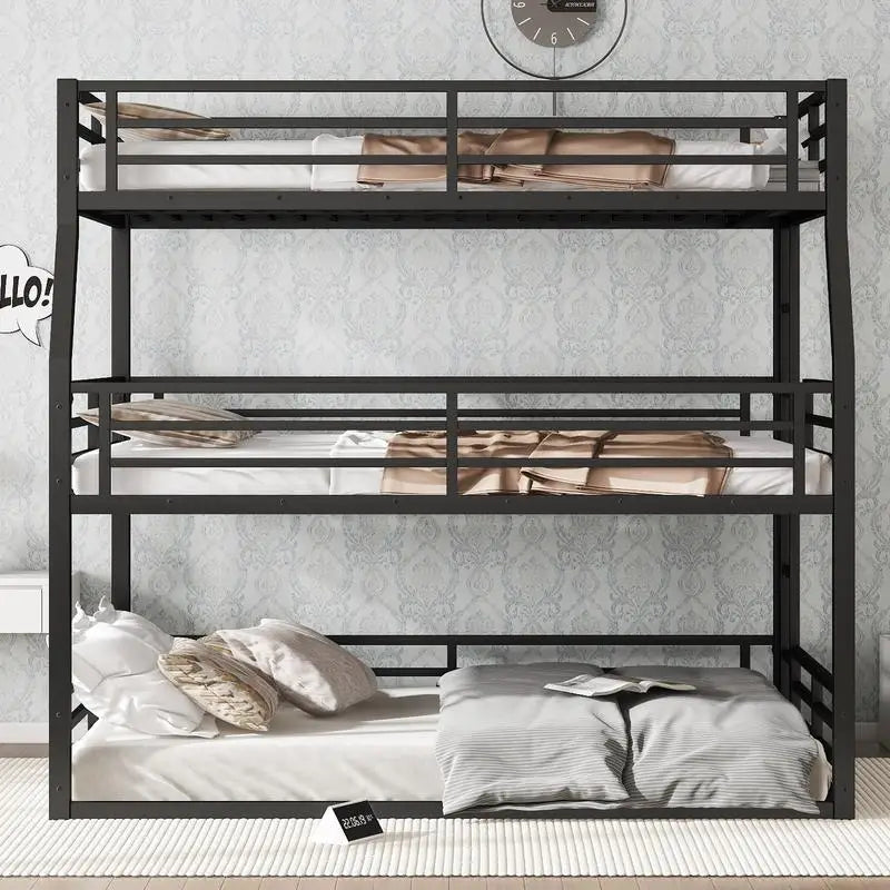 Metal Triple Bunk Bed, Full/Full XL over Queen over Queen with Safety Guardrails, Heavy-Duty Construction, Noise-Reducing