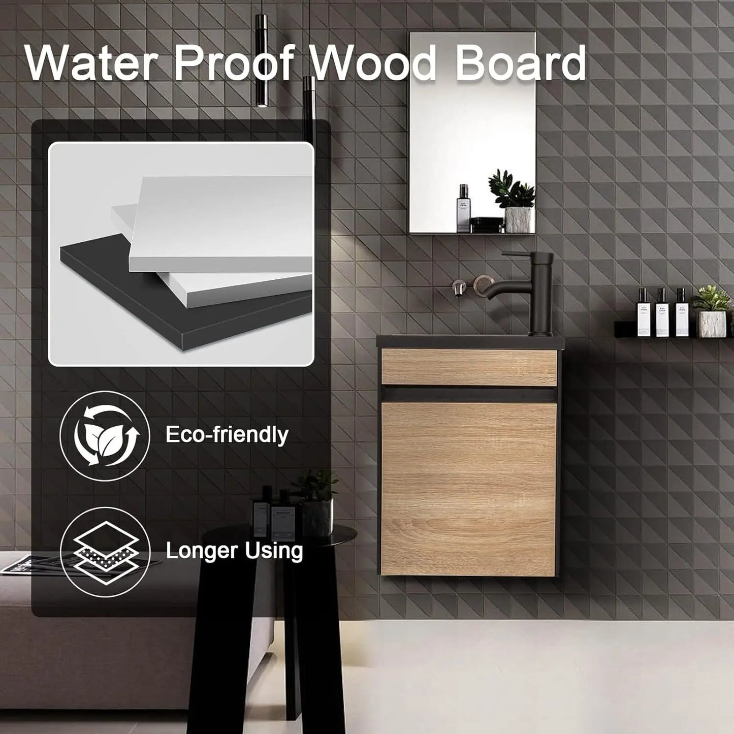16" Small Bathroom Vanity, Black & Natural Mixed with Ceramic Sink