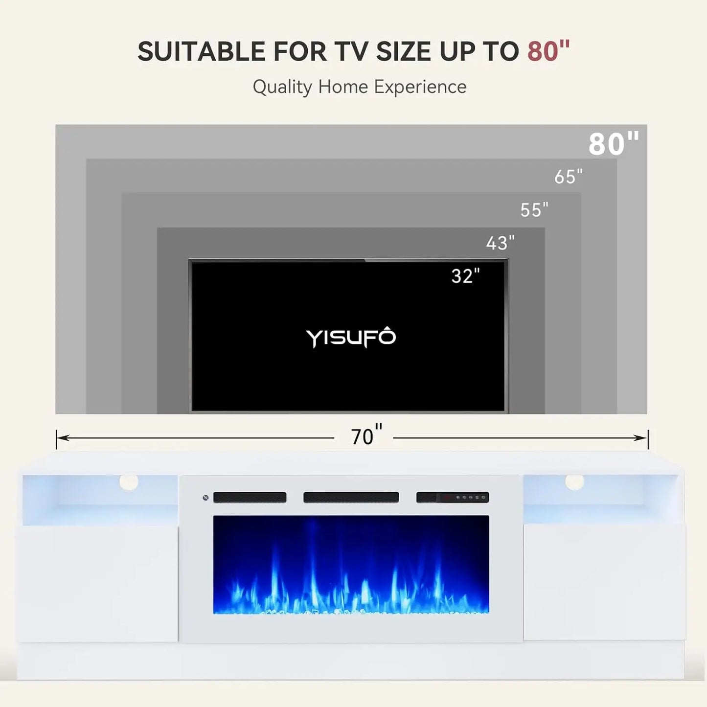 70" TV Stand with 36" Electric Fireplace, Storage Cabinet