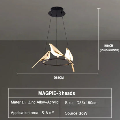 Modern LED Gold Magpie Bird Ceiling Chandelier