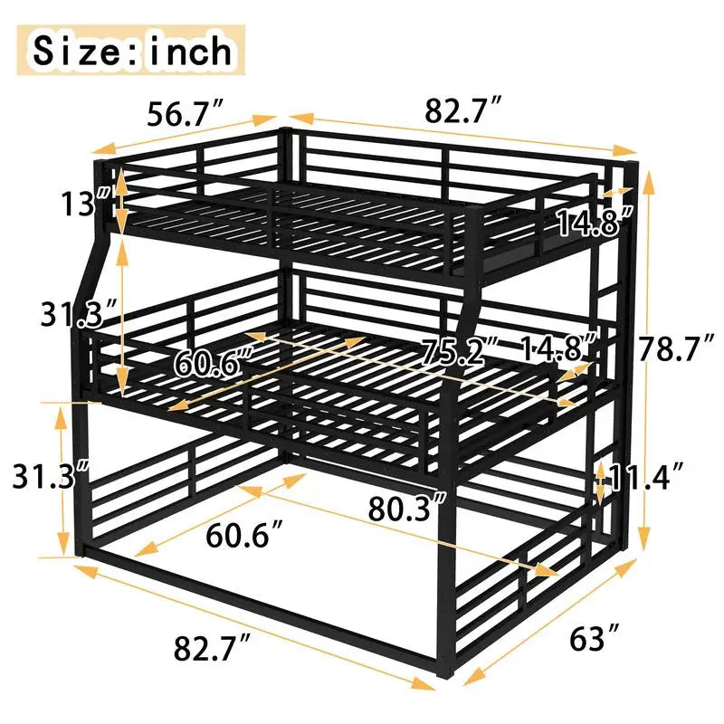 Metal Triple Bunk Bed, Full/Full XL over Queen over Queen with Safety Guardrails,