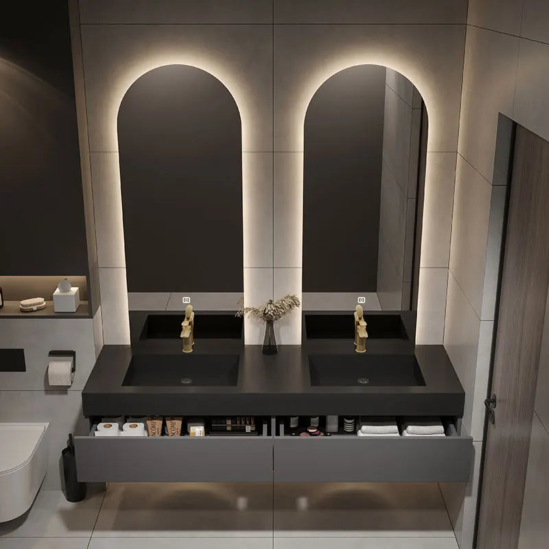 Combination Double Mirror Villa Light Luxury Rock Slab Integrated Basin Bathroom Cabinet
