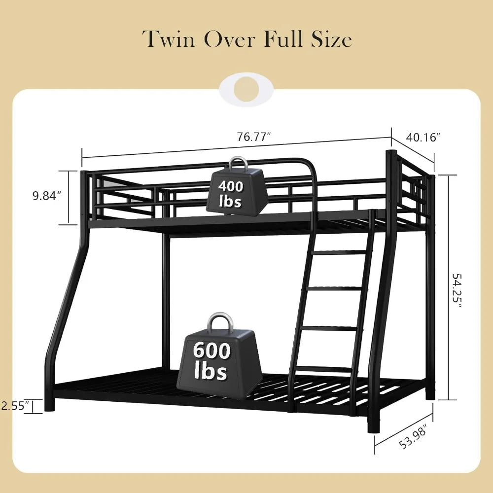 Metal Bunk Bed, Full Size Bed Frame, Twin Over Full Bunk Bed W/ Safety Guardrail and Ladder