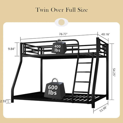 Metal Bunk Bed, Full Size Bed Frame, Twin Over Full Bunk Bed W/ Safety Guardrail and Ladder