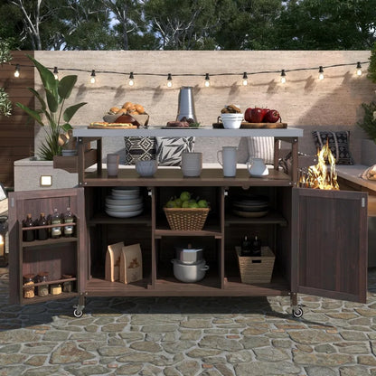 Outdoor Kitchen Island, Rolling Bar Cart & Storage Cabinet, Farmhouse Solid Wood Outdoor Grill Table with Stainless Steel Top,