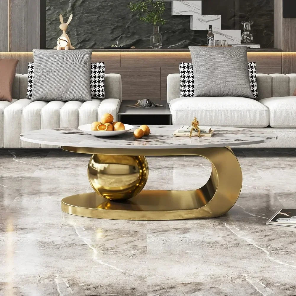 Modern Oval Stone Coffee Table with Abstract Gold Metal Base