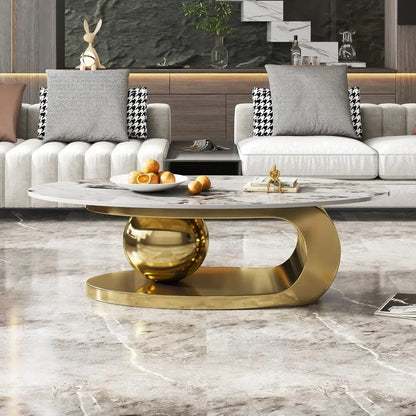 Modern Oval Stone Coffee Table with Abstract Gold Metal Base