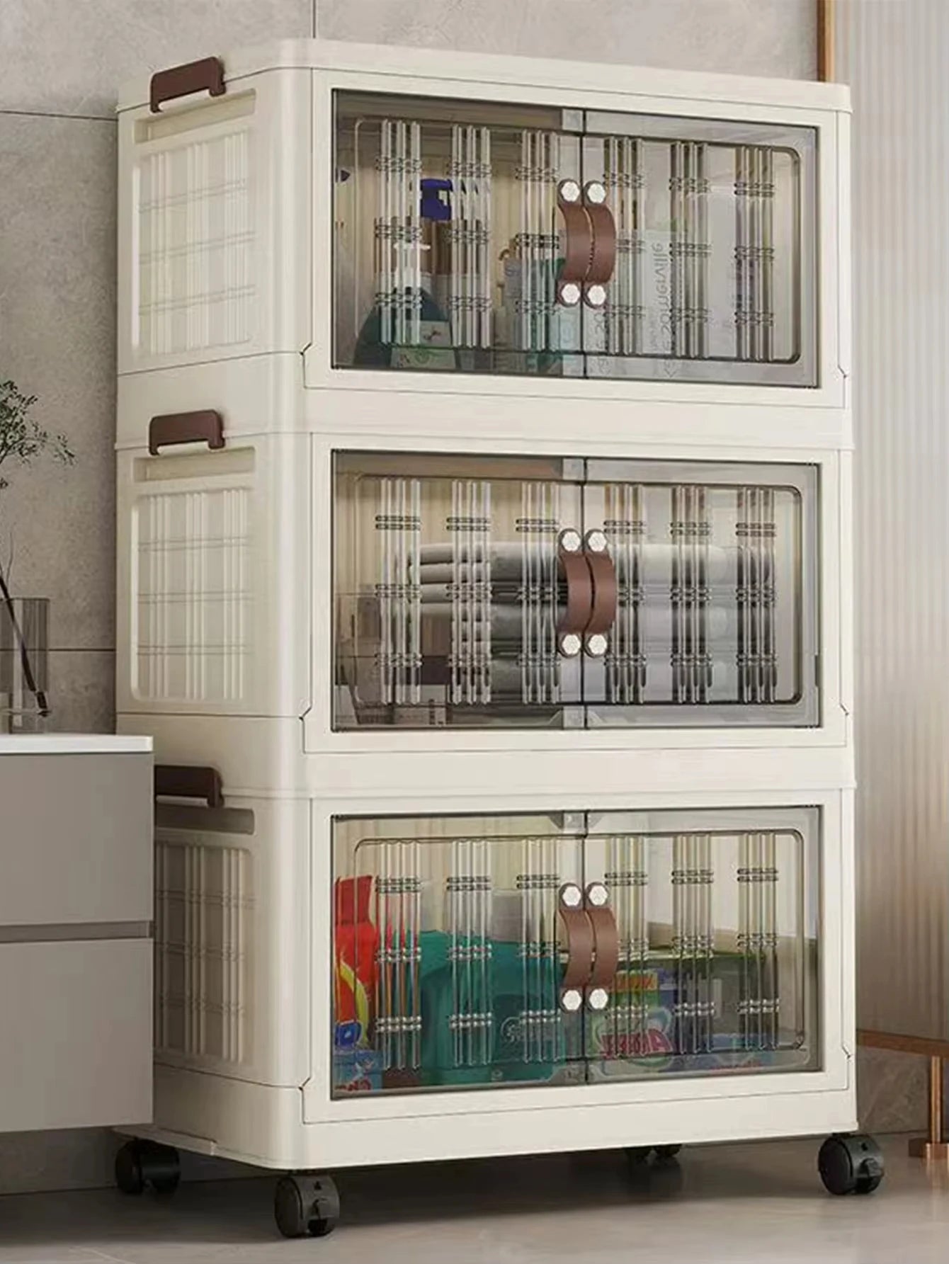 Stackable Plastic Storage Cabinet - Large Capacity with Doors & Wheels