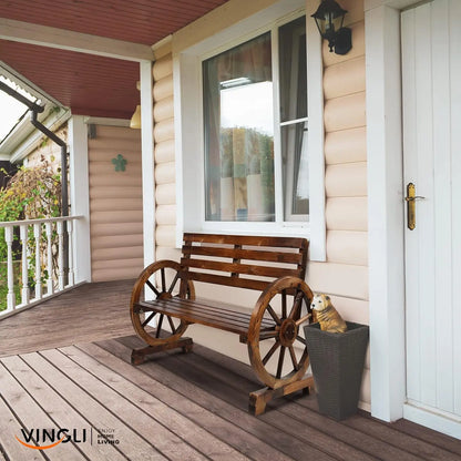 41" Rustic Wooden Outdoor Bench 2-Person Wagon Wheel Slatted Seat