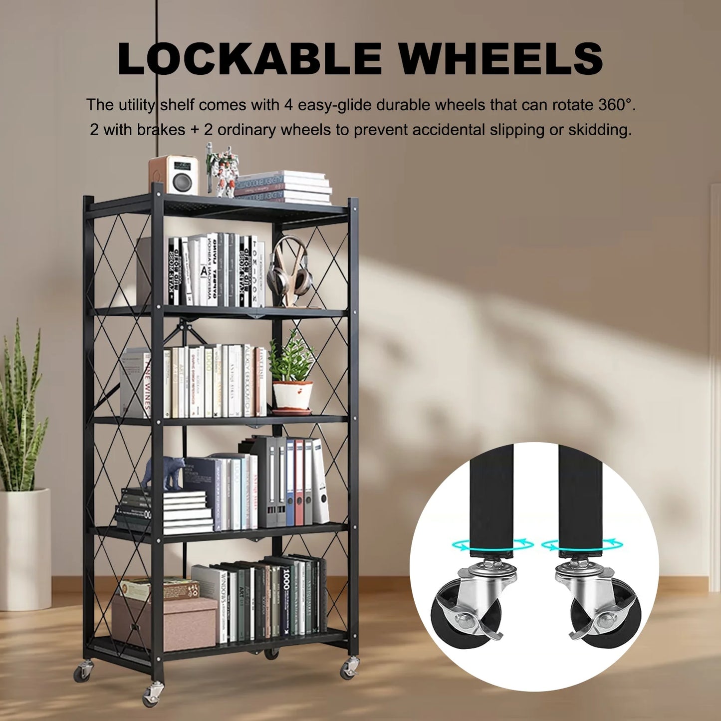 5-Tier Storage Shelving Unit, Metal Shelf 27.9"x13.4"x62.5, W/ Wheels,