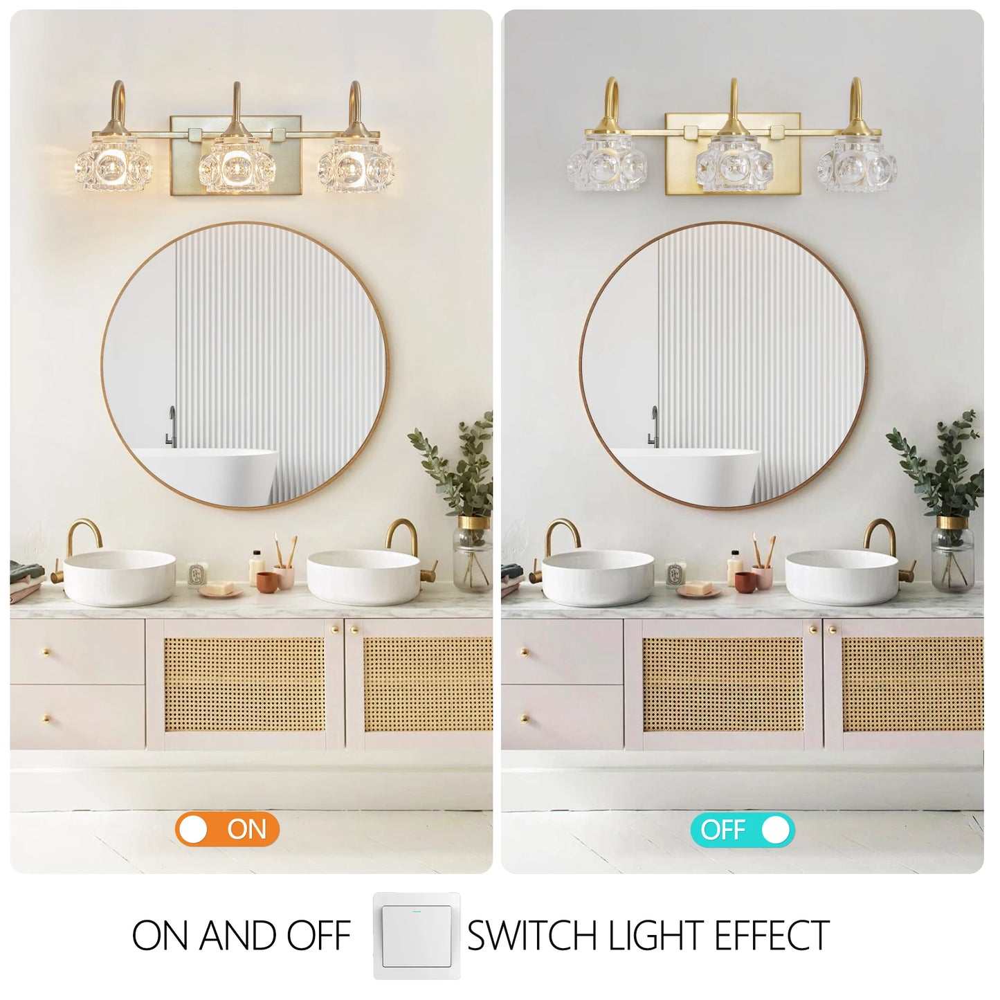 3-Light Crystal Bathroom Golden Wall Sconce with Clear Glass Shade