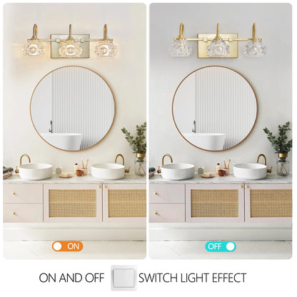 3-Light Crystal Bathroom Golden Wall Sconce with Clear Glass Shade